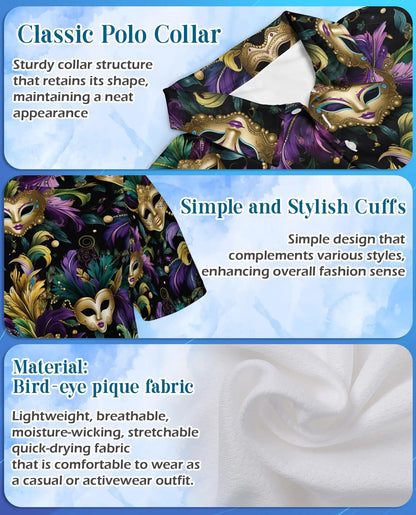 Mardi Gras Carnival Mask Hawaiian Polo Shirt for Men-Purple Green Gold Festival Party Shirt | Azhawaiian