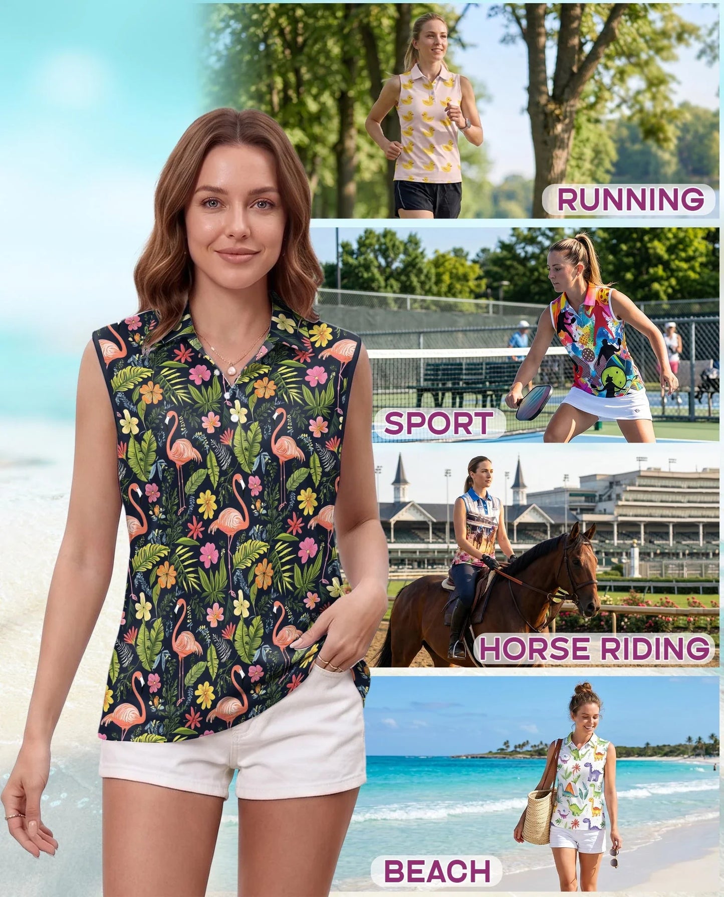 Flamingo Hibiscus Tropical Sleeveless Polo Shirt for Women | Azhawaiian