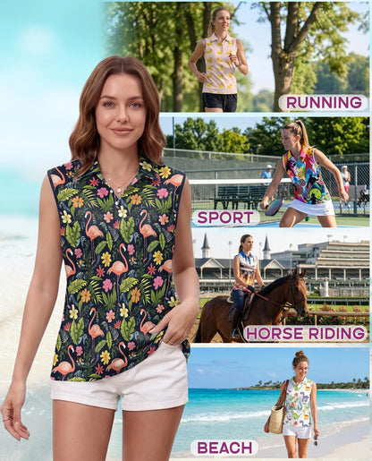 Flamingo Hibiscus Tropical Sleeveless Polo Shirt for Women | Azhawaiian
