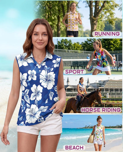 Tropical Hibiscus Blue Sleeveless Polo Shirt for Women | Azhawaiian