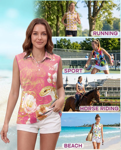 Snake and Peony Print Sleeveless Polo Shirt for Women | Azhawaiian