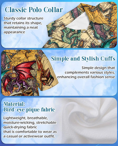 Dragon Library Polo Shirt - Fantasy Book Lover Style | Azhawaiian