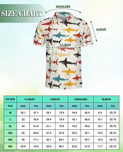 Colorful Shark Pattern 3D Polo Shirt for Men, Ocean Marine Style | Azhawaiian