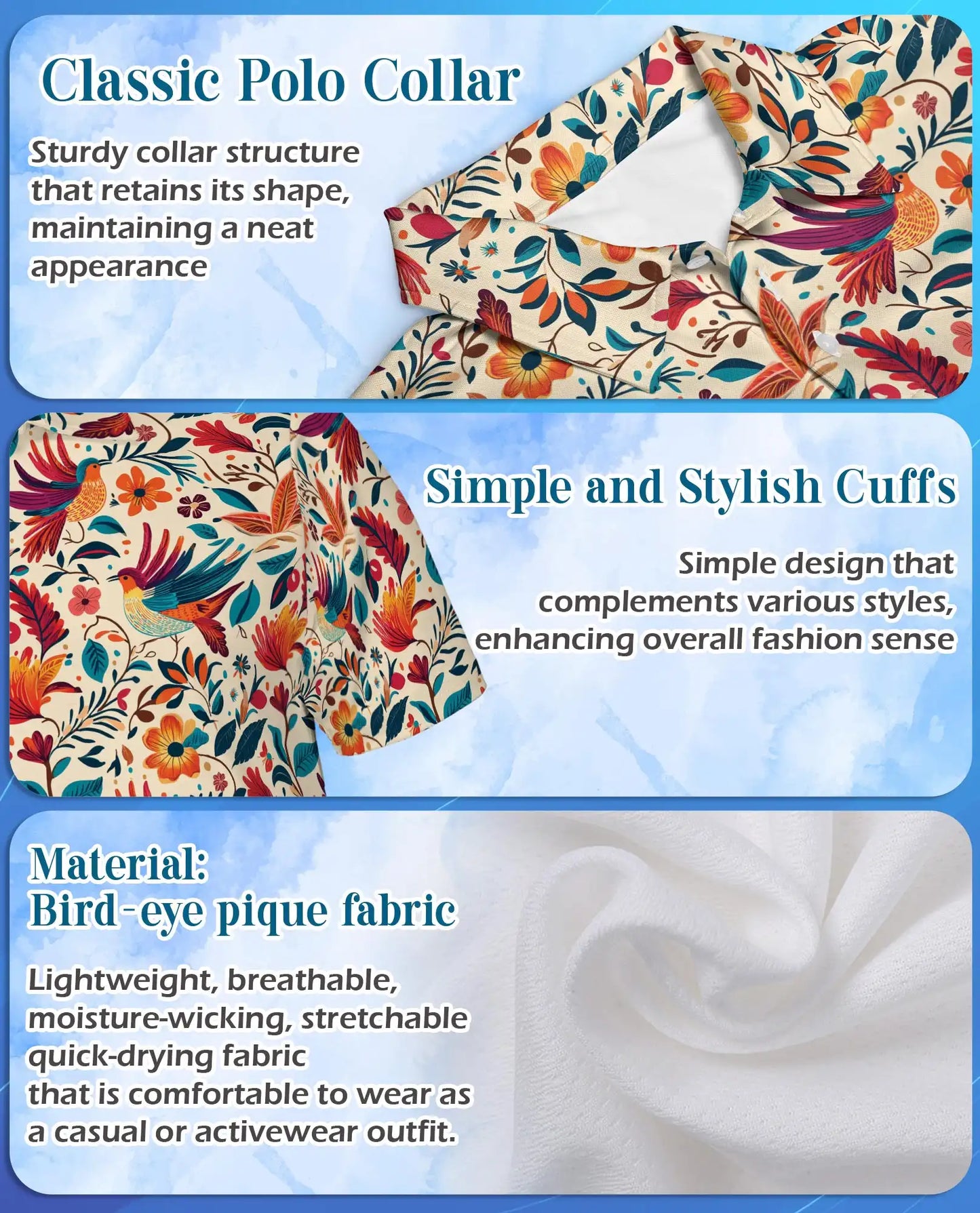 Colorful Tropical Bird Polo Shirt - Floral Folk Art Nature Pattern | Azhawaiian
