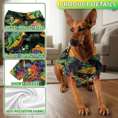 Fun Taco Dinosaur T Rex Flower Print Matching Dog Owner Hawaiian Shirts, Funny Pet Aloha Shirt for Beach Vacation - Azhawaiian