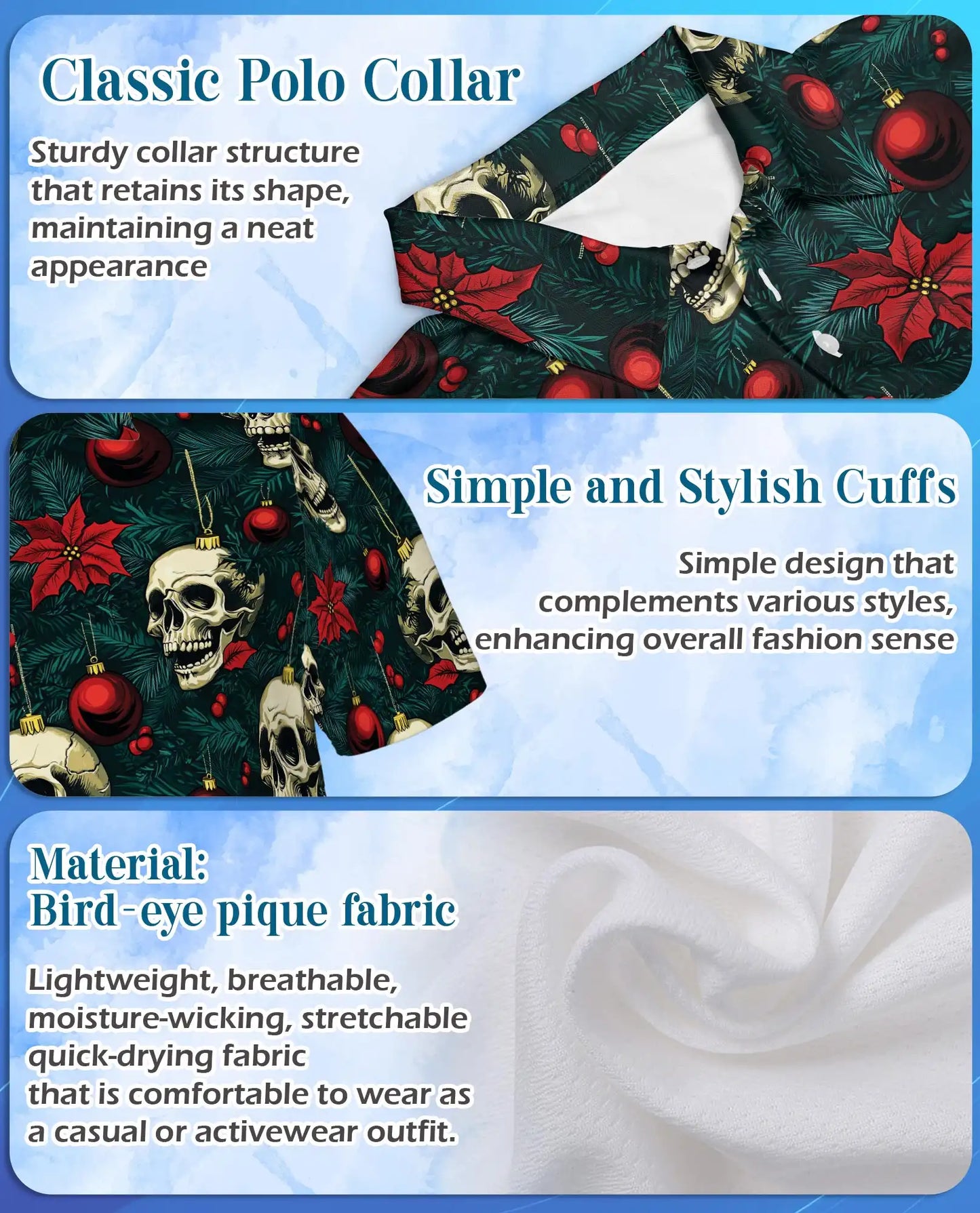 Skull Christmas Polo Shirt, Gothic Holiday Print | Azhawaiian