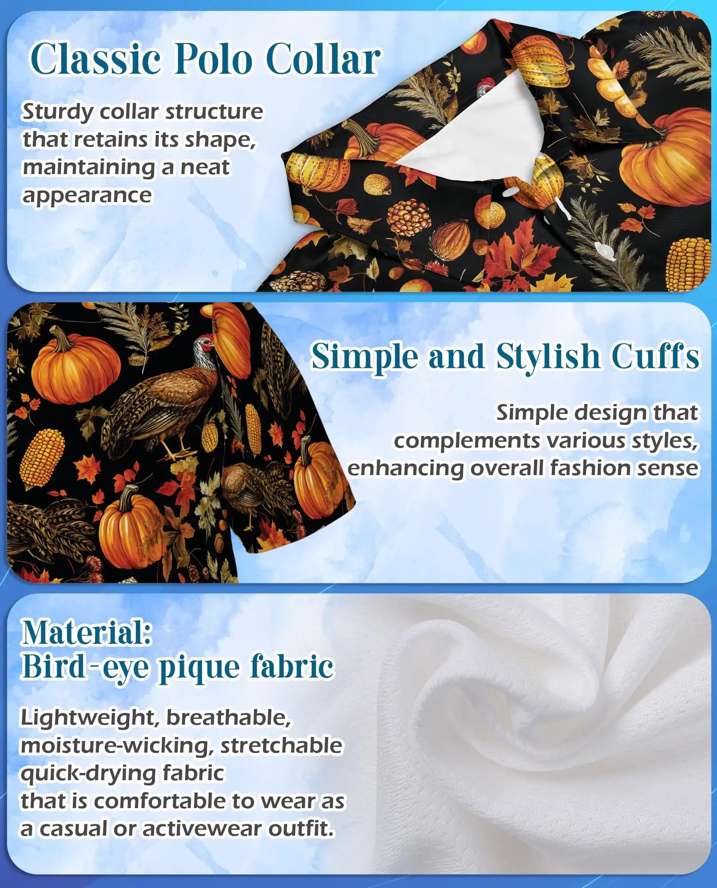 Autumn Turkey Harvest 3D Polo Shirt for Men, Rustic Thanksgiving Farm Style | Azhawaiian