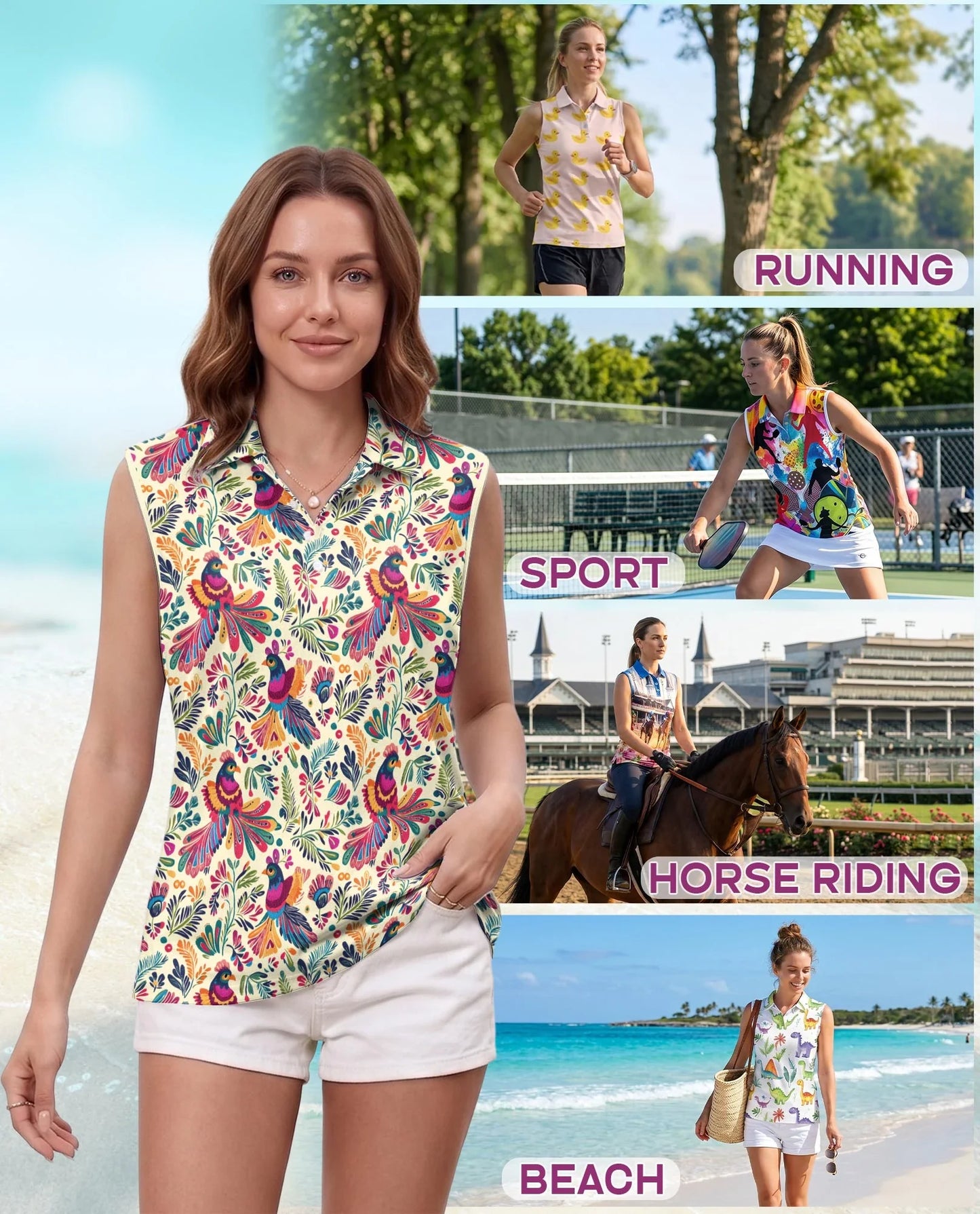 Folk Art Tropical Bird Sleeveless Polo Shirt for Women | Azhawaiian