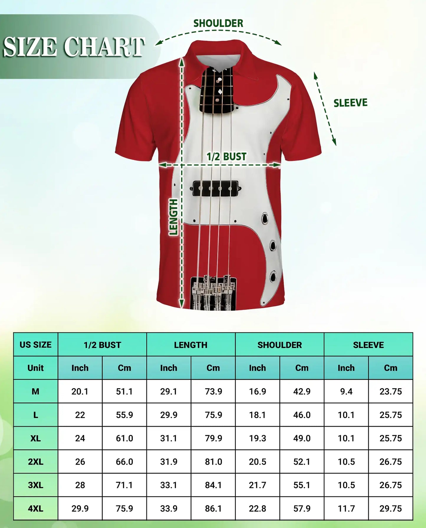 Red Bass Guitar 3D Polo Shirt for Men, Rock Music Instrument Style | Azhawaiian
