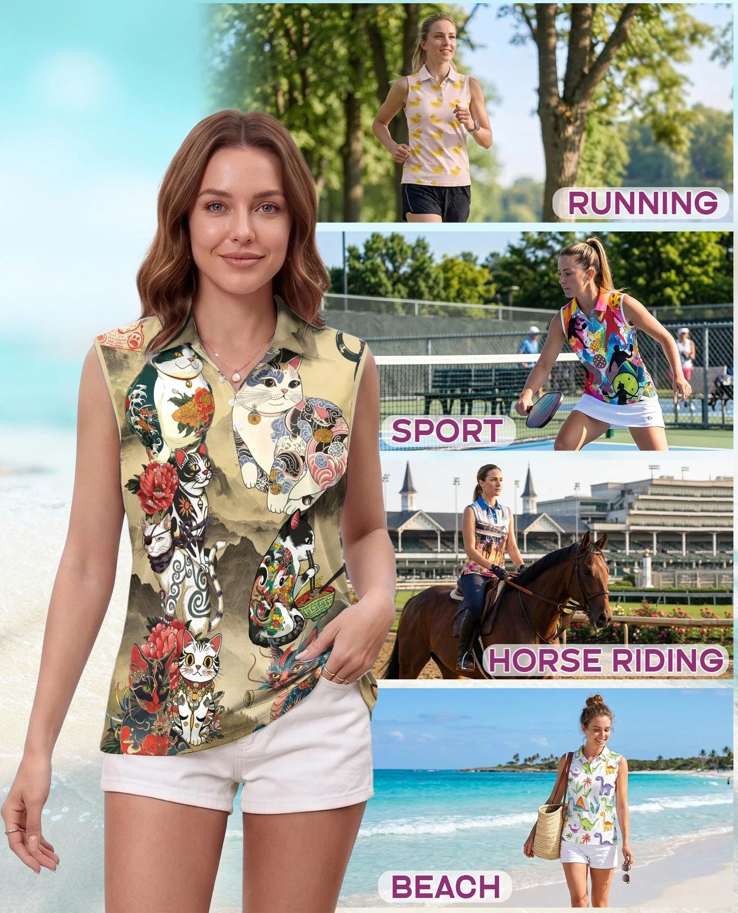 Japanese Cat Tattoo Sleeveless Polo Shirt for Women | Azhawaiian