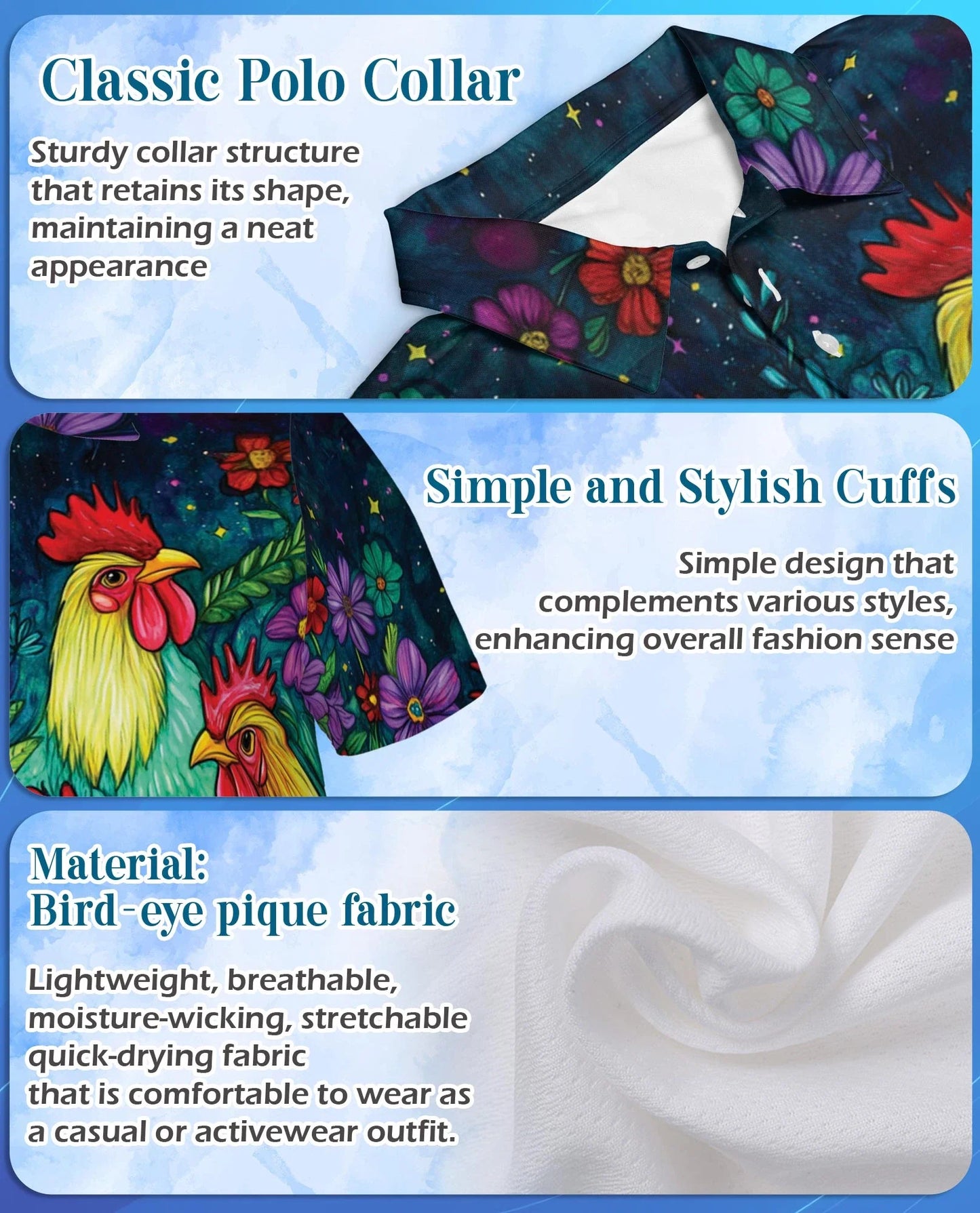Vibrant Neon Rooster Polo Shirt for Men, Fantasy Art Style | Azhawaiian