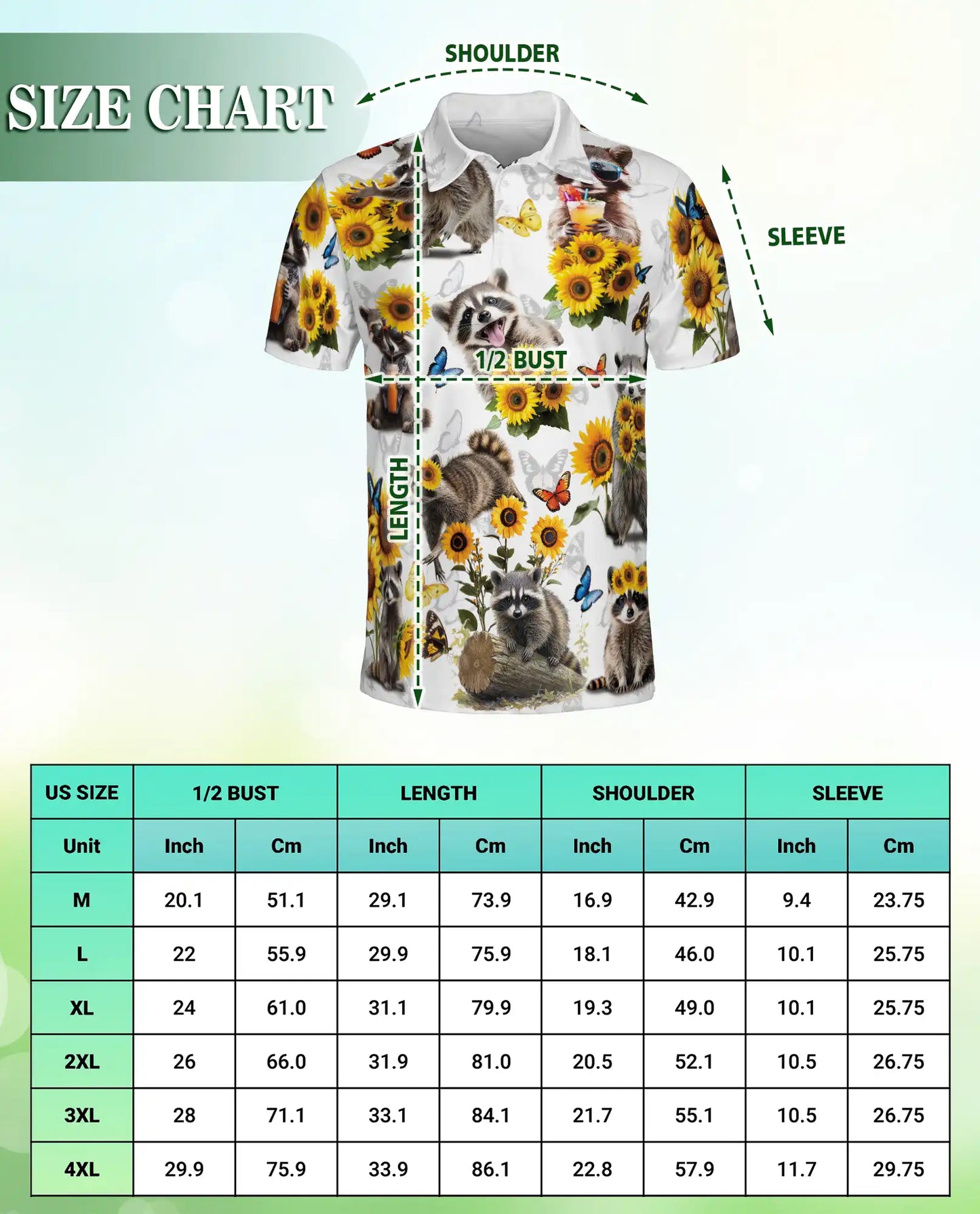 Raccoon Sunflower 3D Polo Shirt for Men, Cute Animal Nature Style | Azhawaiian