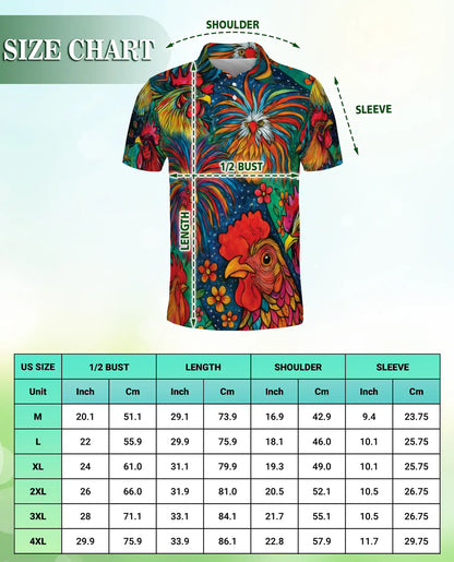 Colorful Rooster Polo Shirt, Folk Art Farm Print | Azhawaiian