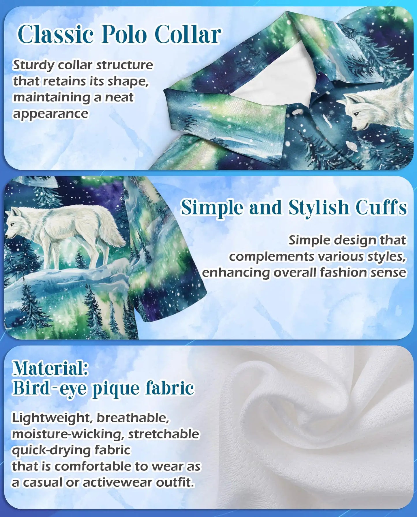 Wolf Aurora Polo Shirt, Northern Lights Winter Scene | Azhawaiian