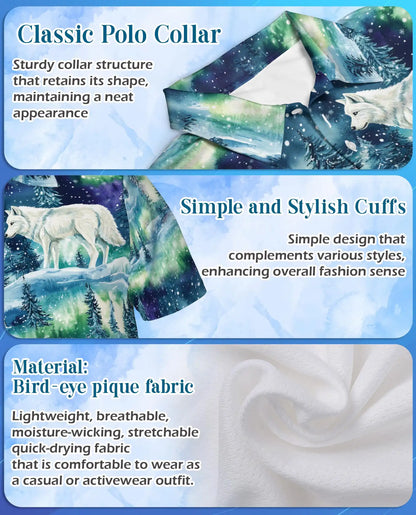 Wolf Aurora Polo Shirt, Northern Lights Winter Scene | Azhawaiian