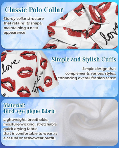 Love Kiss Lips Polo Shirt for Men - Romantic Red Lip Print | Azhawaiian