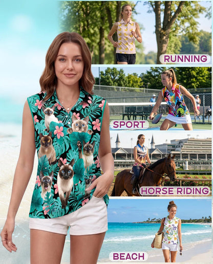 Siamese Cat Tropical Flowers Sleeveless Polo Shirt for Women | Azhawaiian