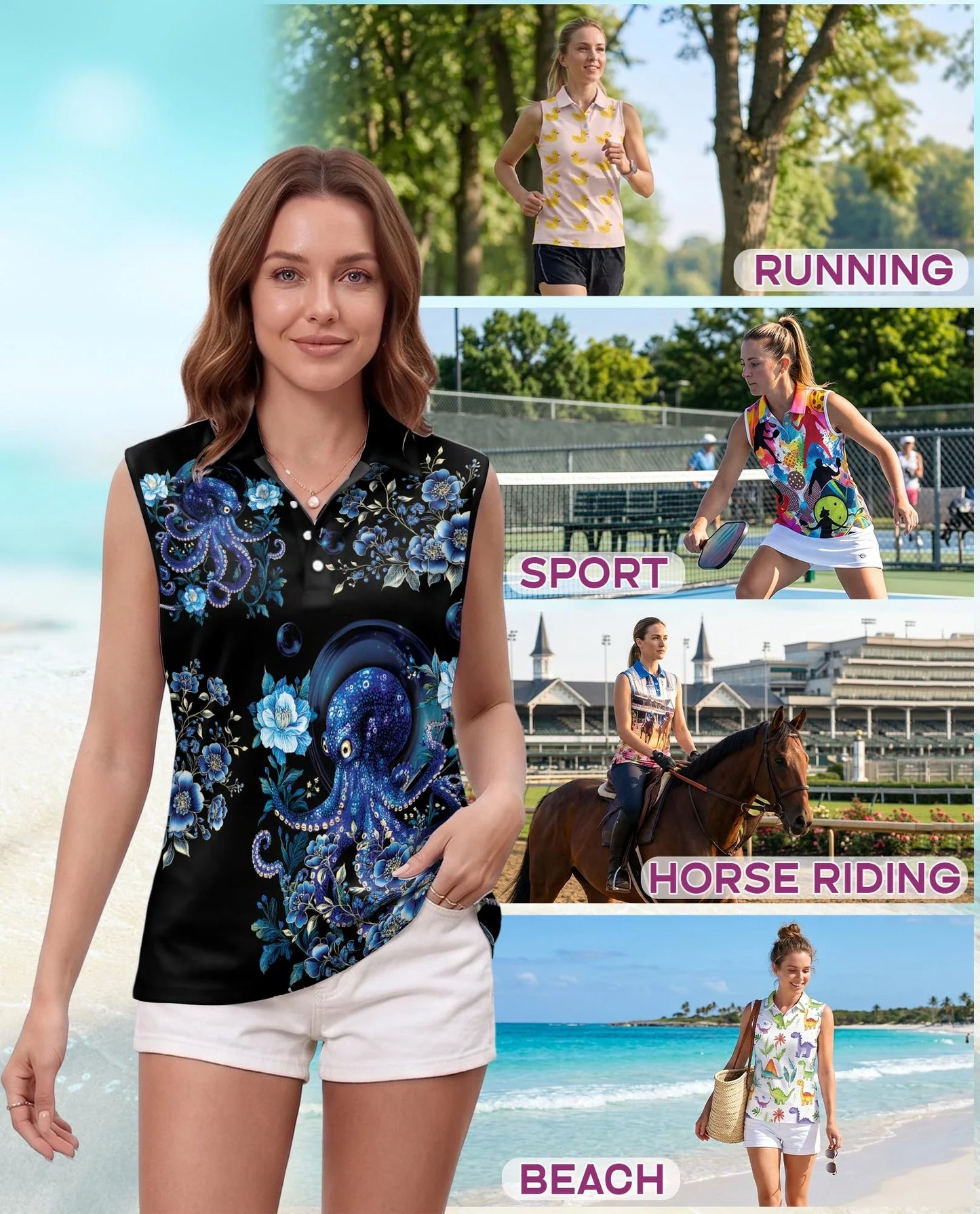 Octopus Flower Sleeveless Polo Shirt for Women | Azhawaiian