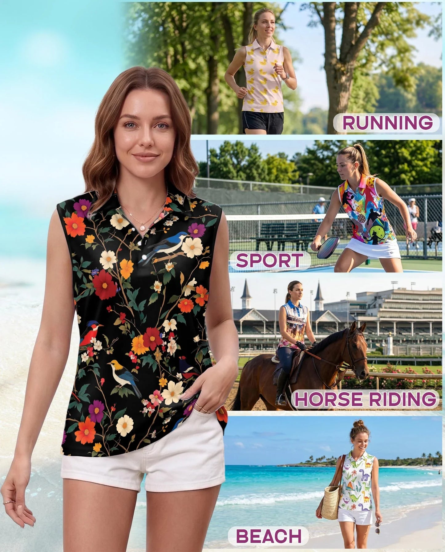 Bird and Flower Sleeveless Polo Shirt for Women | Azhawaiian
