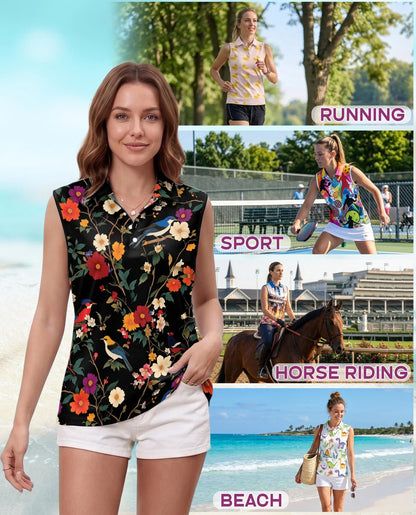 Bird and Flower Sleeveless Polo Shirt for Women | Azhawaiian