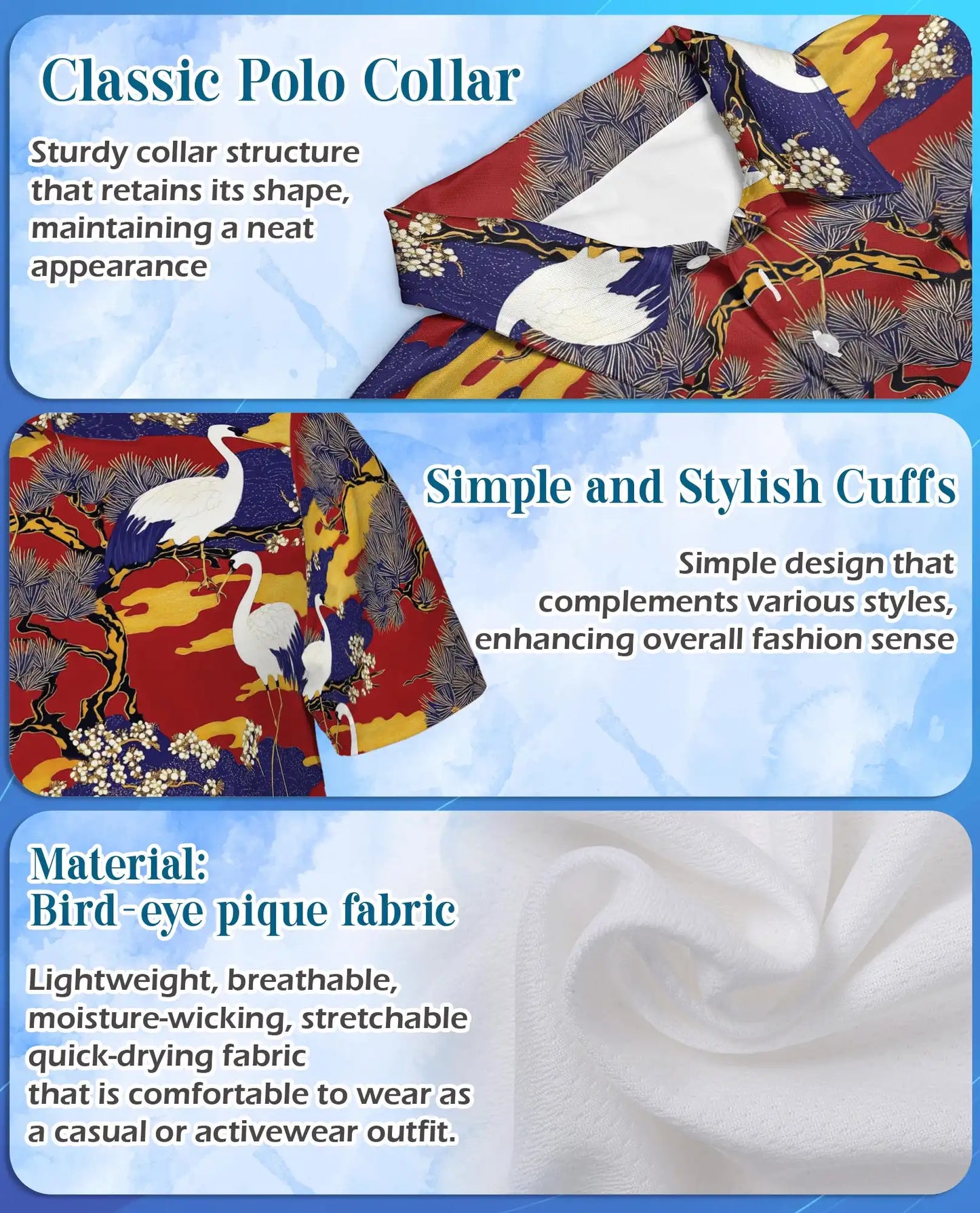 Crane Bird Polo Shirt for Men, Japanese Garden Style | Azhawaiian