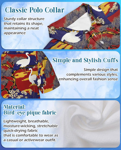 Crane Bird Polo Shirt for Men, Japanese Garden Style | Azhawaiian