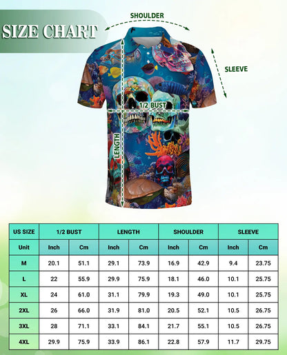 Ocean Skull 3D Polo Shirt for Men, Underwater Gothic Sea Style | Azhawaiian