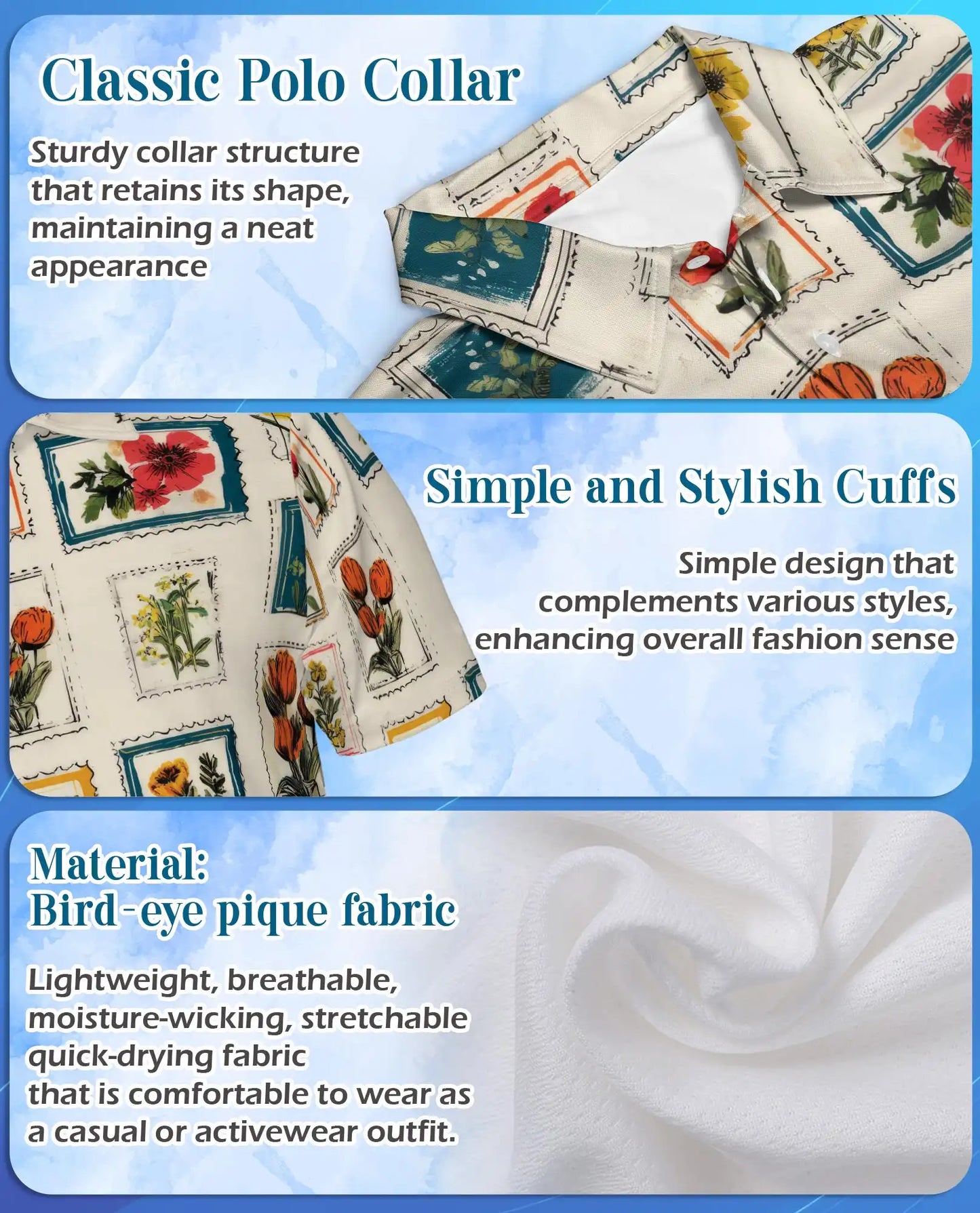 Floral Stamp Polo Shirt for Men, Vintage Botanical Style | Azhawaiian