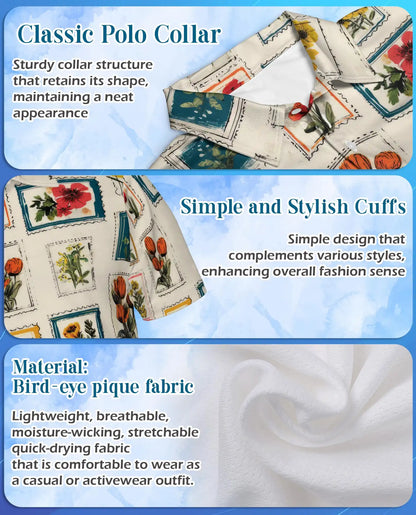 Floral Stamp Polo Shirt for Men, Vintage Botanical Style | Azhawaiian