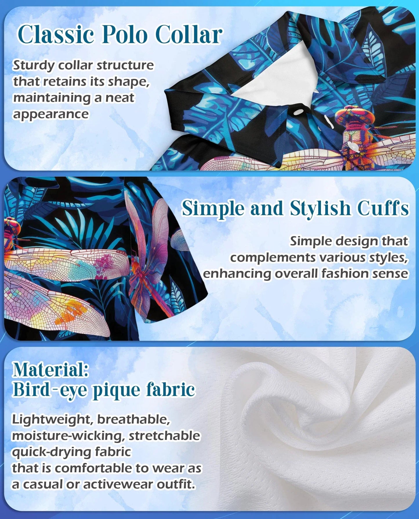 Dragonfly Blue Tropical Polo Shirt for Men, Island Nature Style | Azhawaiian