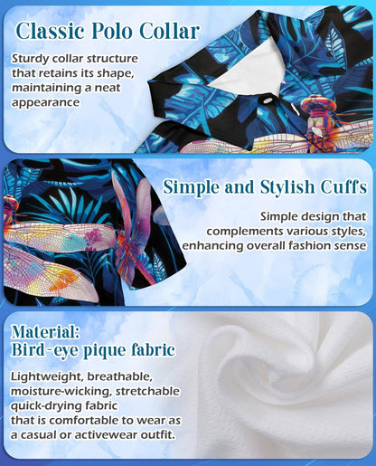 Dragonfly Blue Tropical Polo Shirt for Men, Island Nature Style | Azhawaiian