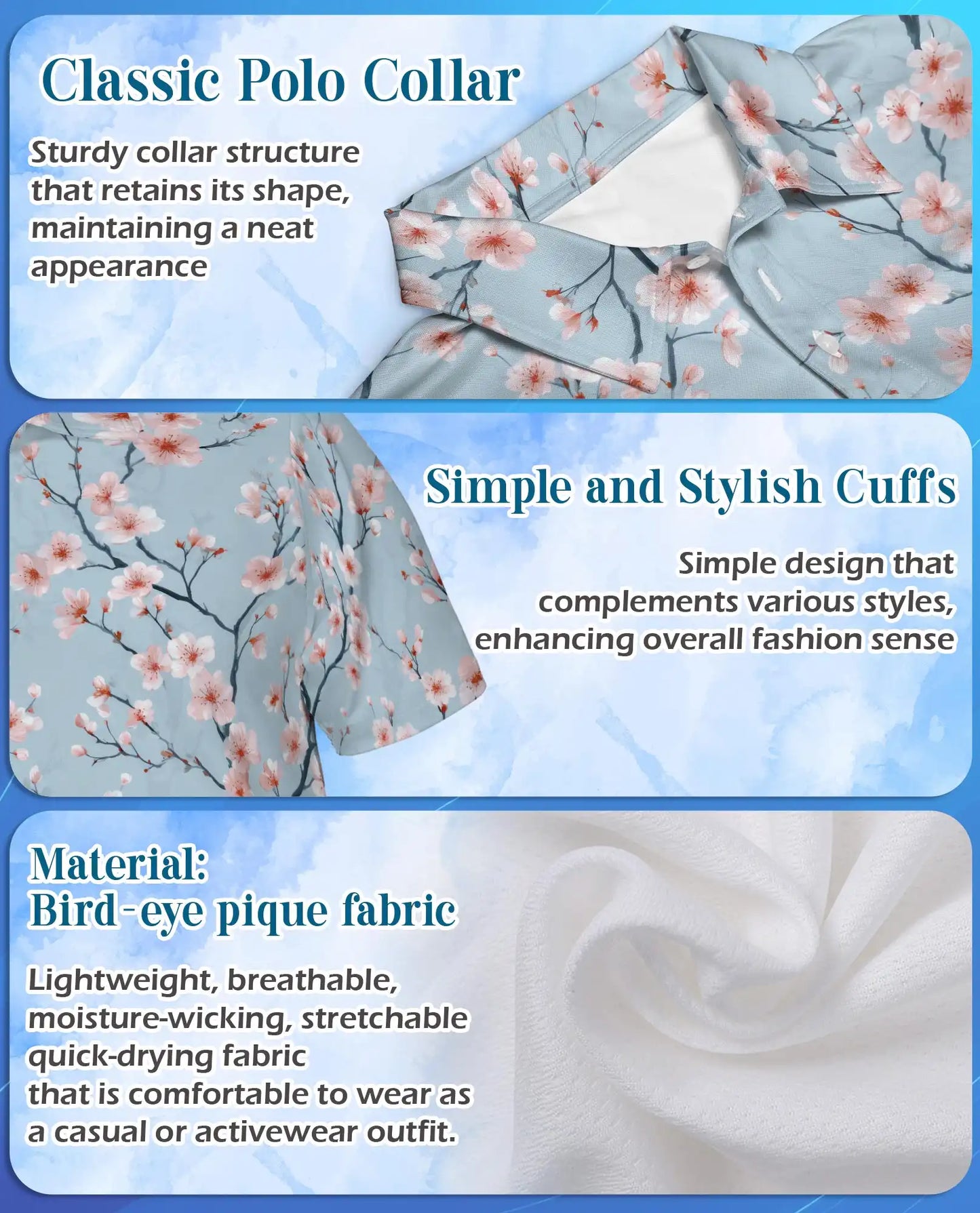 Blue Cherry Blossom Polo Shirt for Men, Spring Floral Style | Azhawaiian