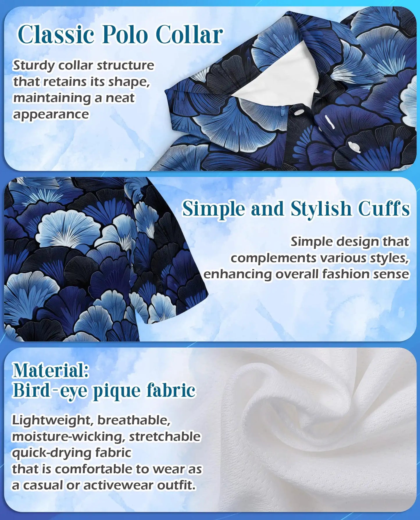 Blue Ginkgo Polo Shirt for Men, Elegant Botanical Style | Azhawaiian