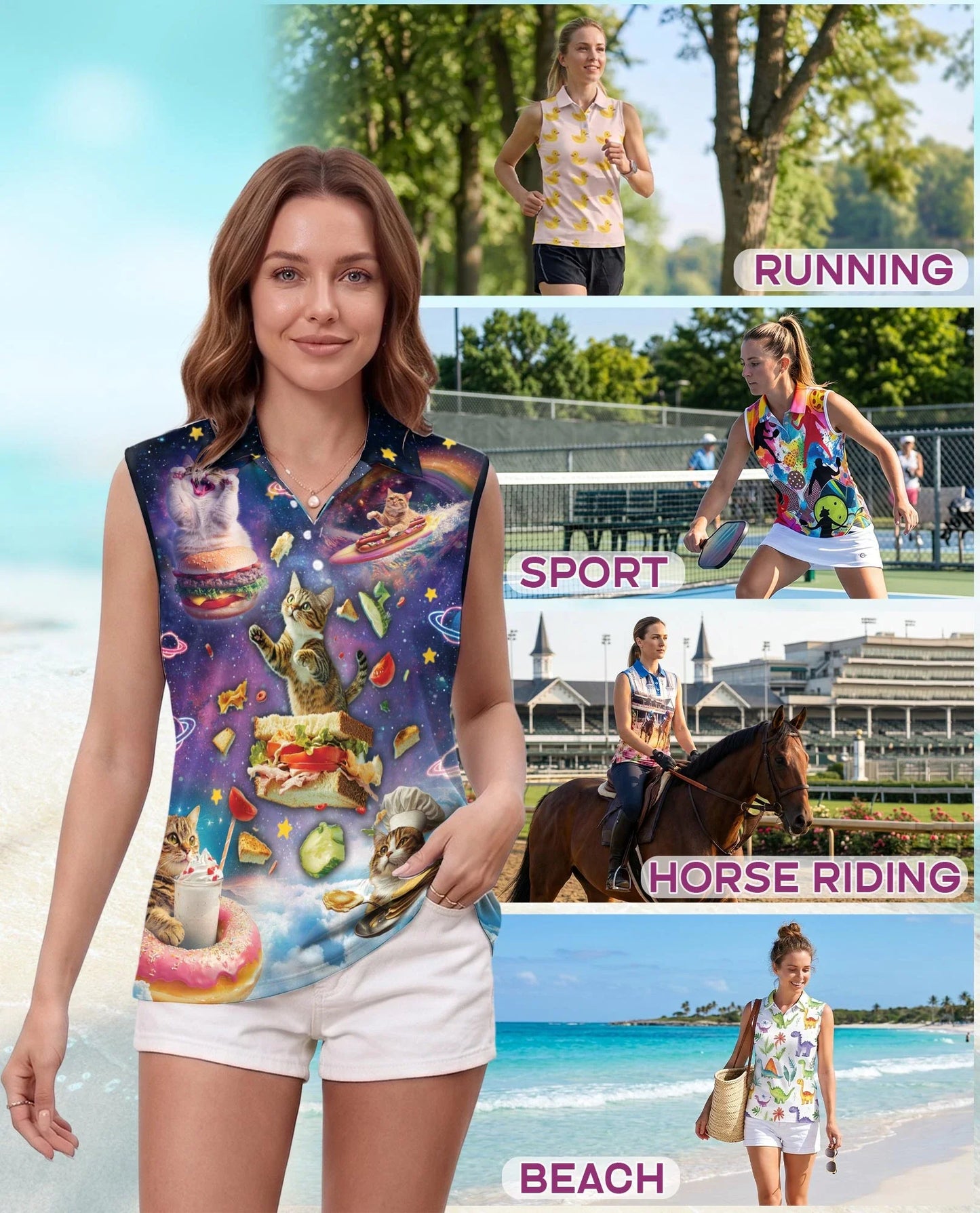Cosmic Cat Food Adventure Sleeveless Polo Shirt for Women | Azhawaiian