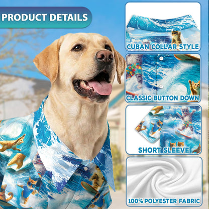 Cat Surfing Matching Dog Owner Hawaiian Shirts, Funny Pet Aloha Shirt for Beach Vacation - Azhawaiian