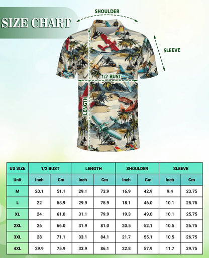Vintage Airplane Retro 3D Polo Shirt for Men, Tropical Beach Island Style | Azhawaiian