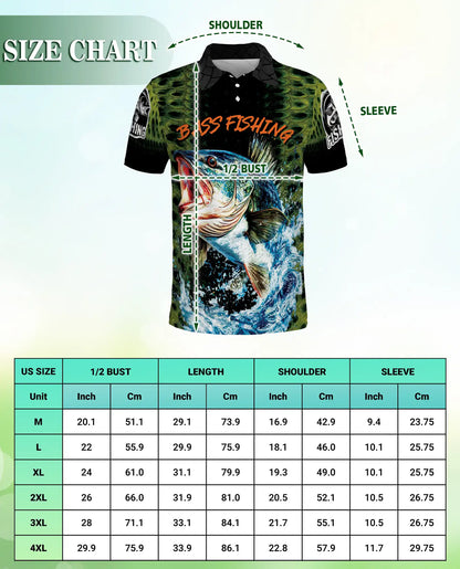 Bass Fishing 3D Polo Shirt for Men, Freshwater Angler Outdoor Style | Azhawaiian