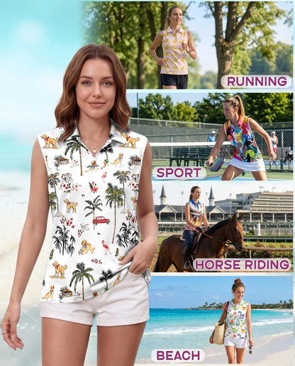 Golden Retriever Beach Sleeveless Polo Shirt for Women | Azhawaiian