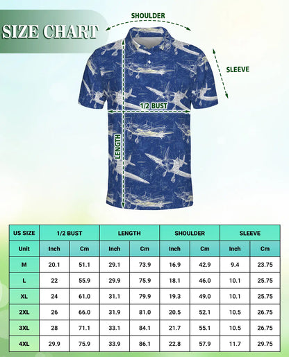 Vintage Airplane Blueprint Polo Shirt for Men-  Aviation Aircraft Print | Azhawaiian