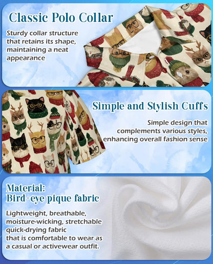 Christmas Cat Polo Shirt - Cozy Winter Kitty Style | Azhawaiian