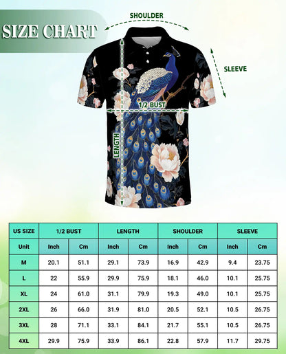 Elegant Peacock Floral Polo Shirt for Men-  Blue Peacock Bird Pattern | Azhawaiian