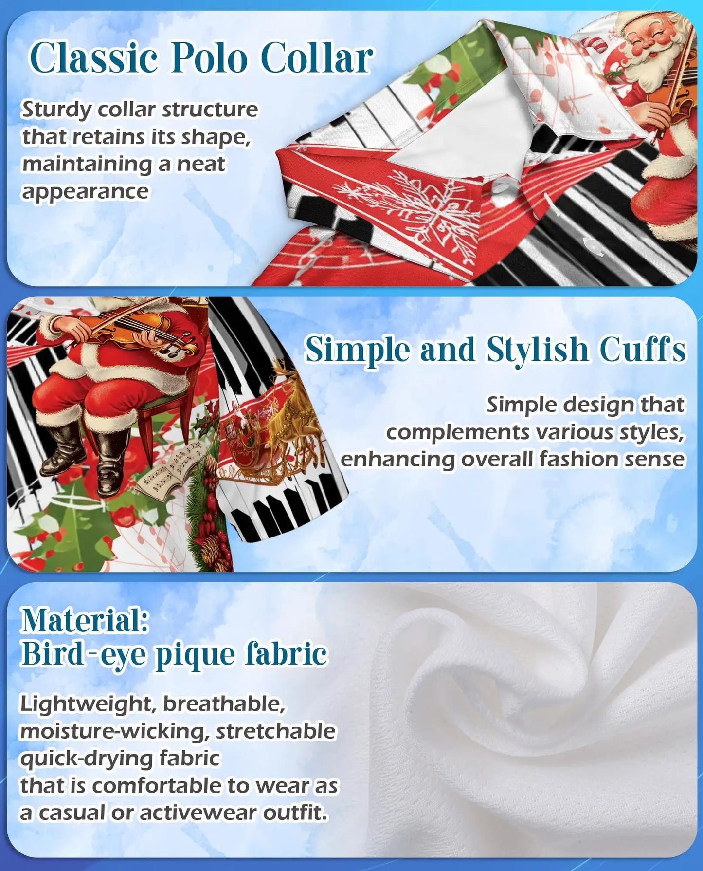 Santa Piano Music 3D Polo Shirt for Men, Christmas Holiday Musician Style | Azhawaiian