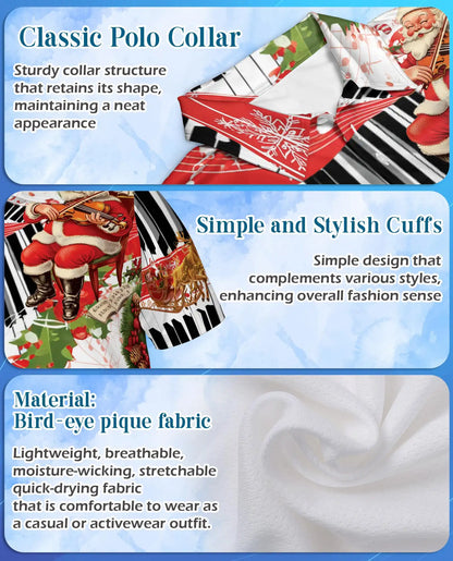 Santa Piano Music 3D Polo Shirt for Men, Christmas Holiday Musician Style | Azhawaiian