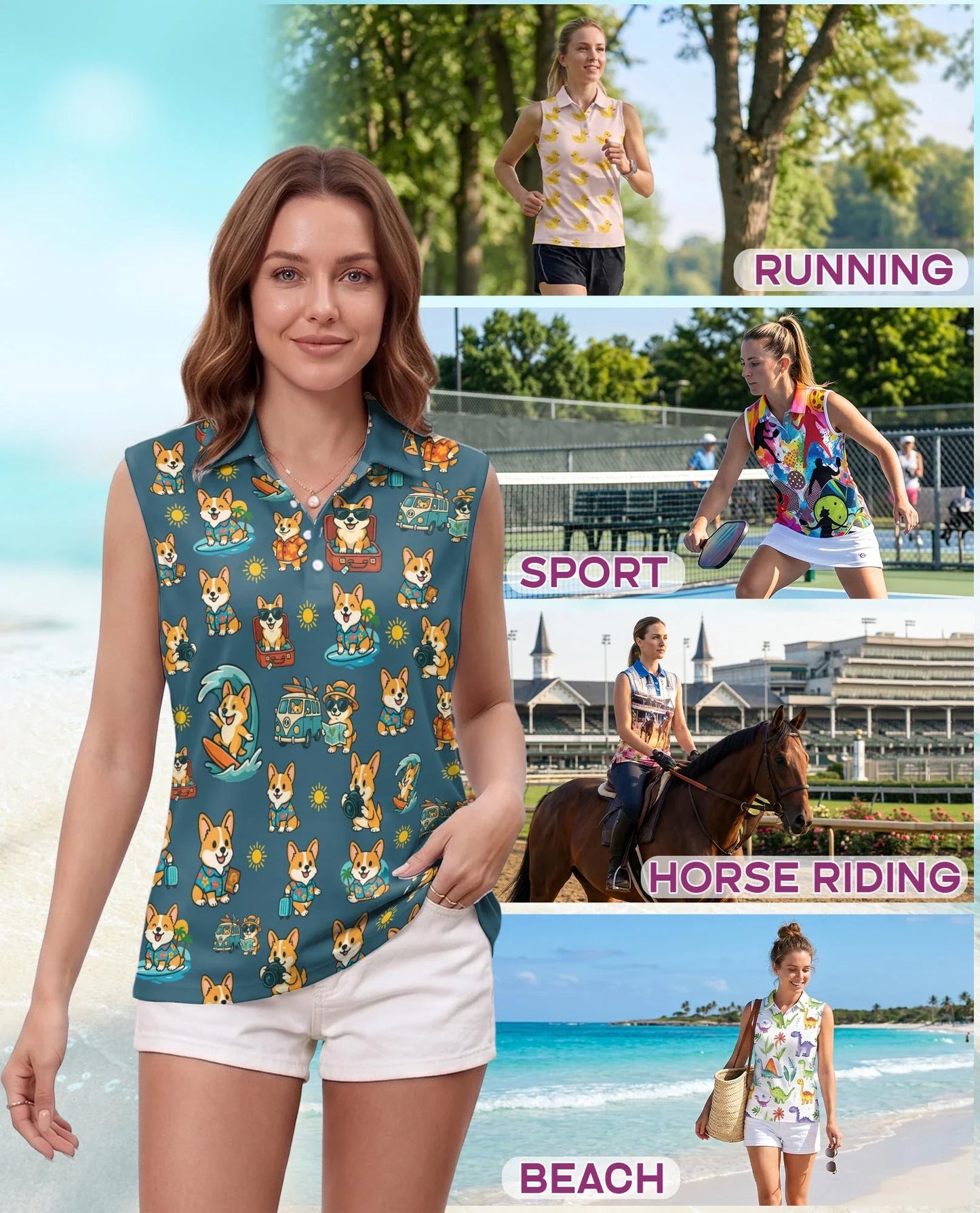 Cute Corgi Summer Beach Sleeveless Polo Shirt for Women, Dog Lover Style | Azhawaiian