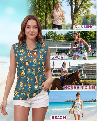 Cute Corgi Summer Beach Sleeveless Polo Shirt for Women, Dog Lover Style | Azhawaiian