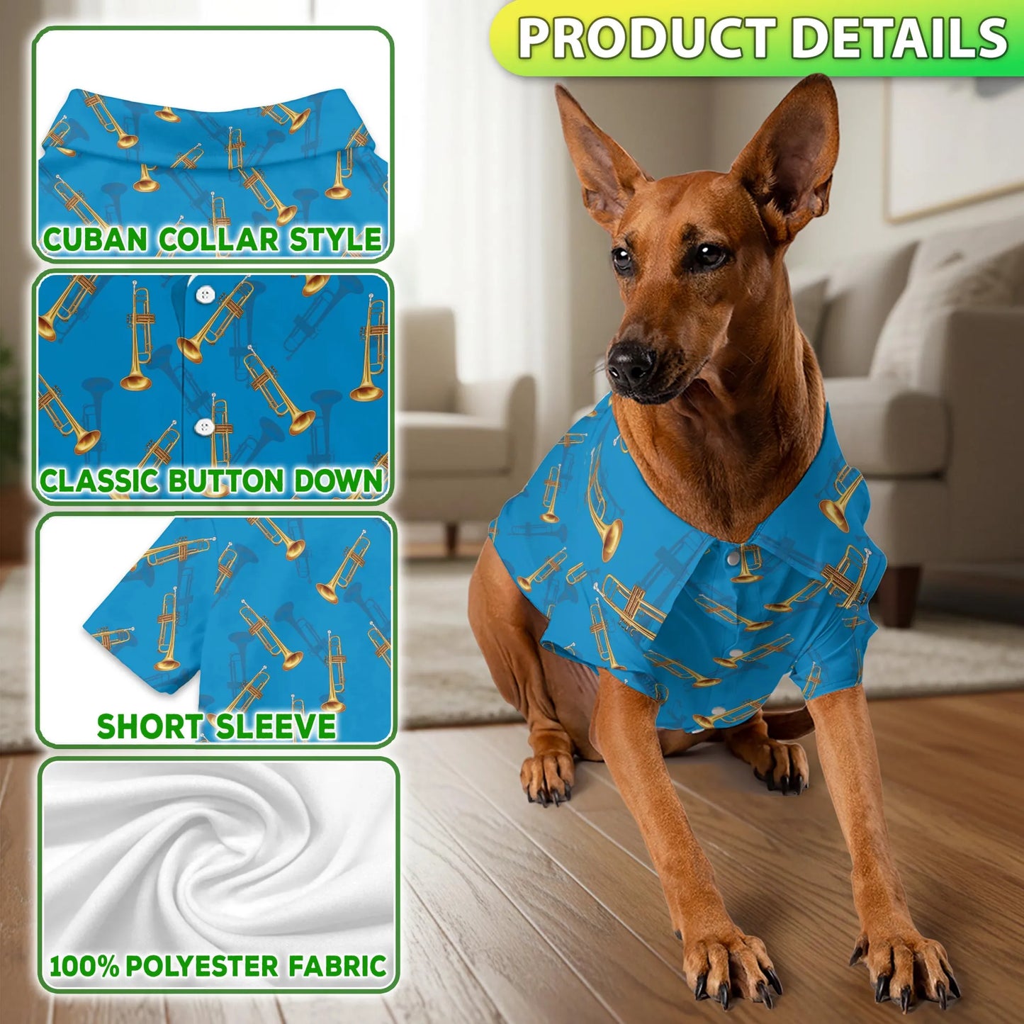 Trombone Pattern Print Hawaii and Musical Instruments Matching Dog Owner Hawaiian Shirts, Funny Pet Aloha Shirt for Beach Vacation - Azhawaiian