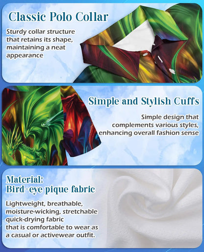 Colorful Fantasy Dragon Polo Shirt for Men - Fire Ice Mythical Dragon | Azhawaiian