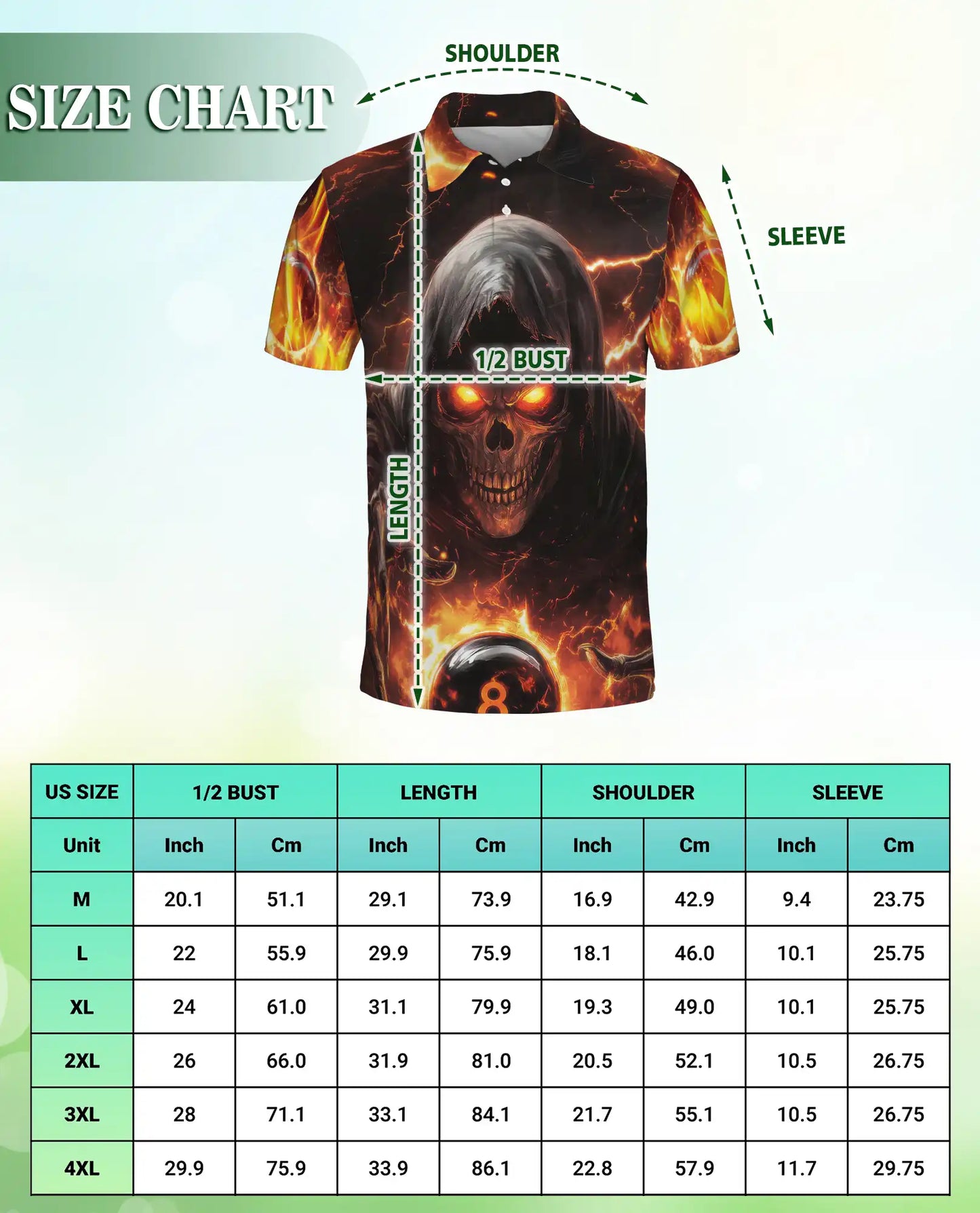 Dark Grim Reaper Skull 3D Polo Shirt for Men, Fiery Gothic Horror Style | Azhawaiian