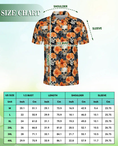 Skull Floral Polo Shirt, Orange Hibiscus Print | Azhawaiian