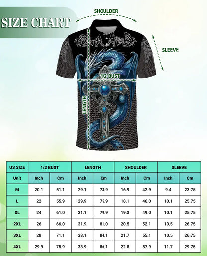 Blue Dragon Cross 3D Polo Shirt for Men, Medieval Fantasy Armor Style | Azhawaiian